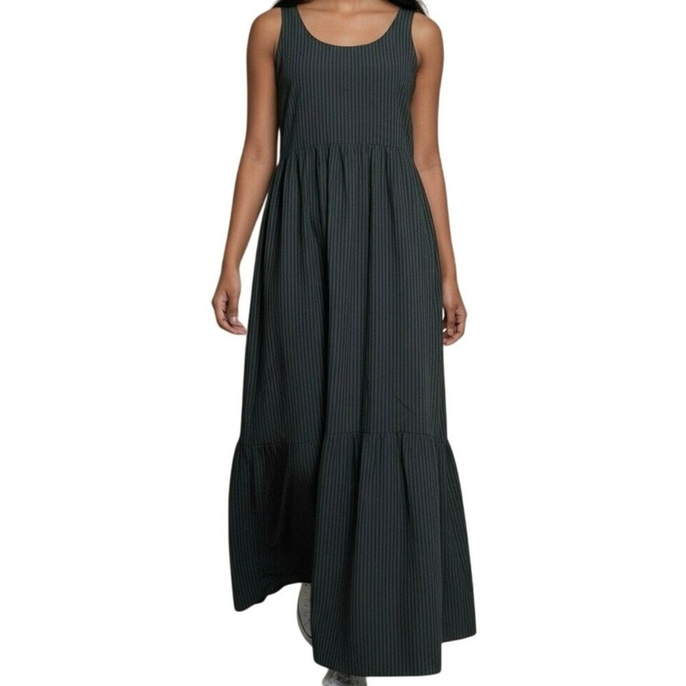 Cotton Blend J.Jill sleeveless tiered maxi dress Black and Grey Pinstripes. NWT